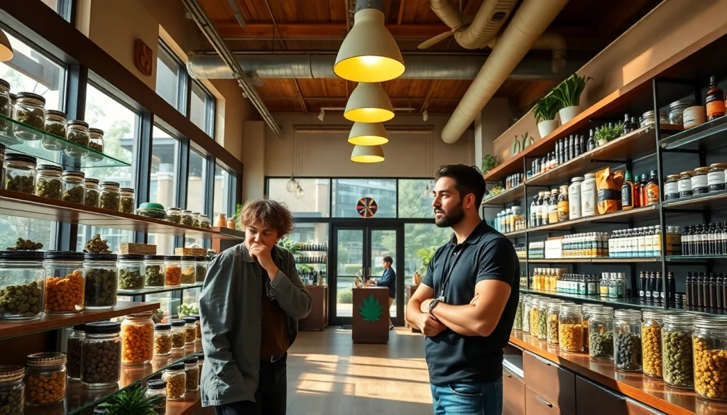 Engage at a vibrant weed shop showcasing diverse cannabis products and a friendly budtender.