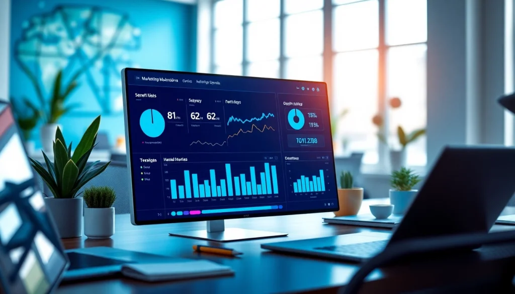 Analyseer Skai data met een professionele marketing dashboard in een moderne kantooromgeving.