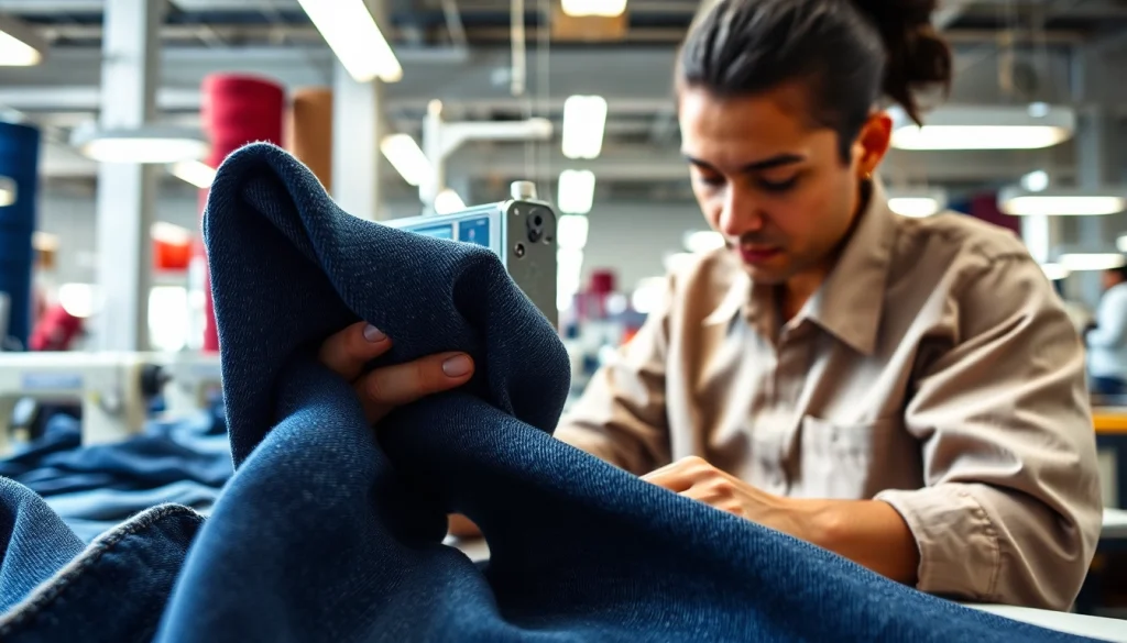 Showcase of jeans garment manufacturers crafting quality denim in a vibrant workshop space.