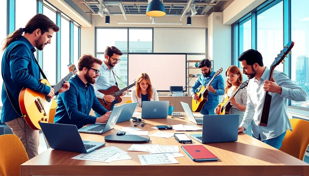 Engaged team strategizing for a Music PR Agency, showcasing creativity and professionalism.