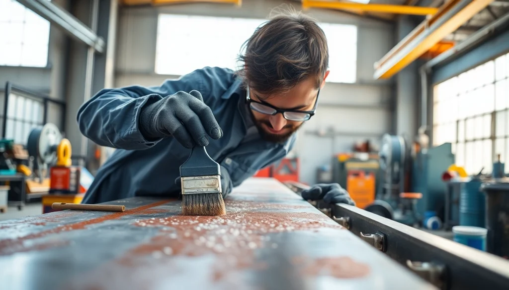 Technician applying corrosion protection coating on metal, demonstrating precision and professionalism.