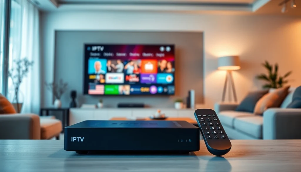Comprar IPTV en un elegante ambiente moderno con pantalla grande y dispositivos tecnológicos.