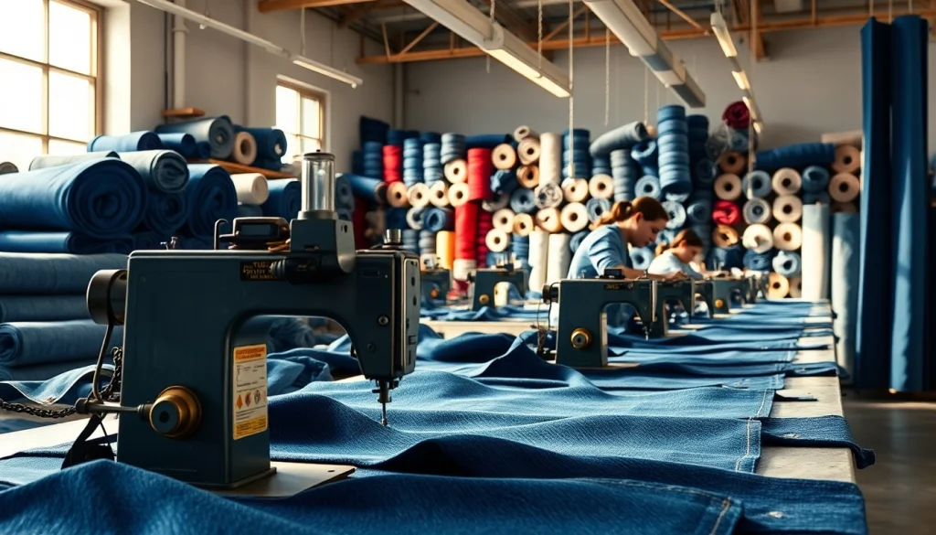 Skilled artisans working in jeans garment manufacturers workshop with vibrant denim fabrics.
