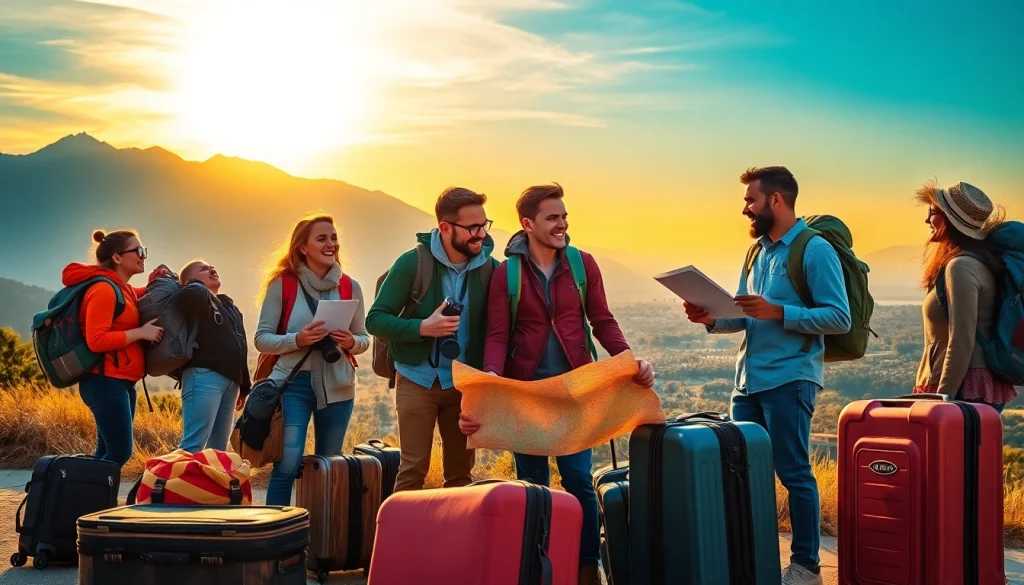 Group of travelers enjoying a vibrant trip to travel, exploring a beautiful landscape.