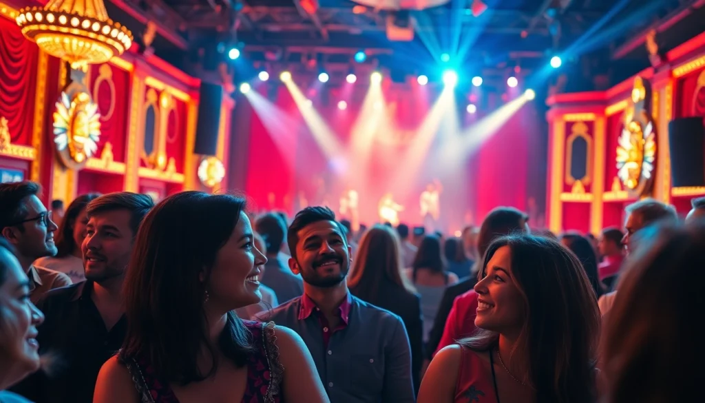 A vibrant scene from a matinee vegas show with an excited audience and dazzling performers.