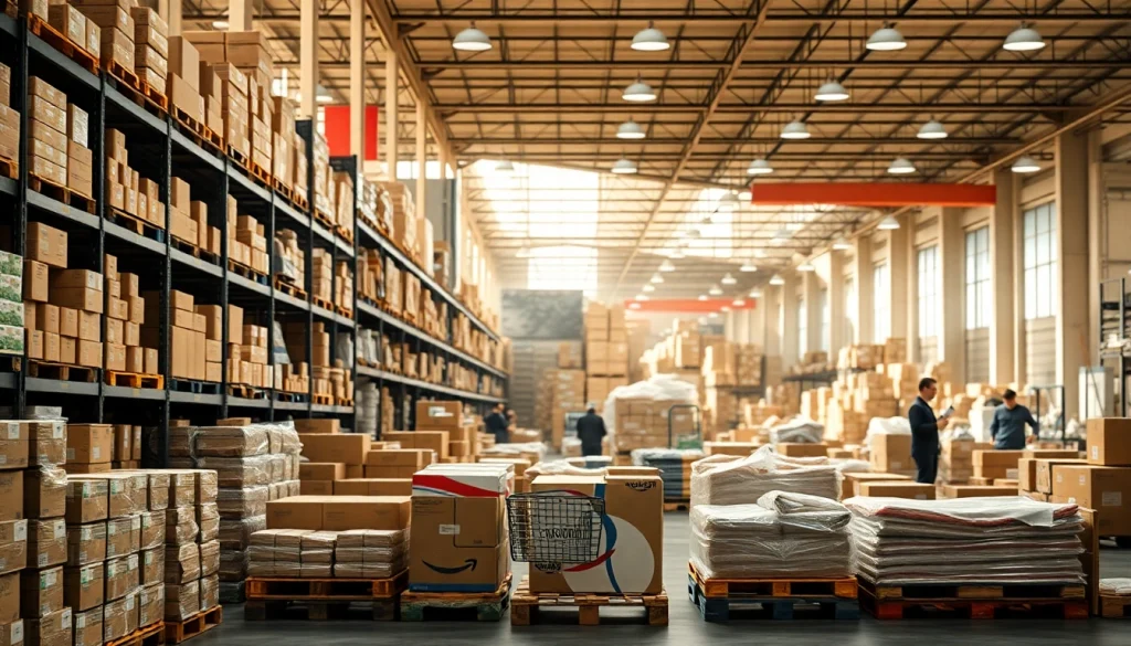 Explore amazon wholesale strategies in an organized warehouse setting with diverse bulk products.