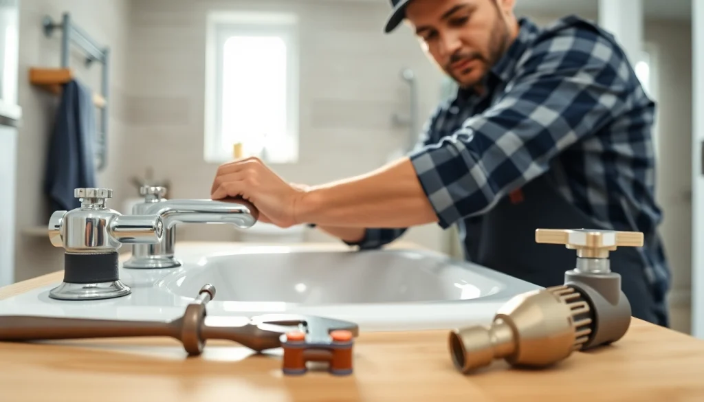 Find a qualified plumber near me fixing a sink with expert precision in a bright bathroom.