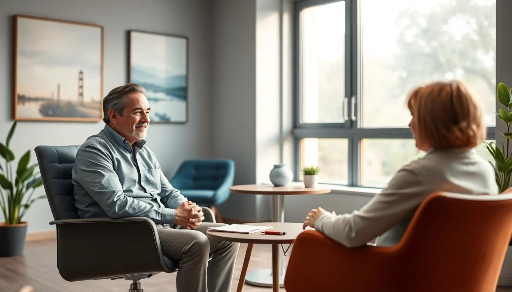 Psychiatrist engaged in a supportive conversation with a patient in a tranquil office setting.