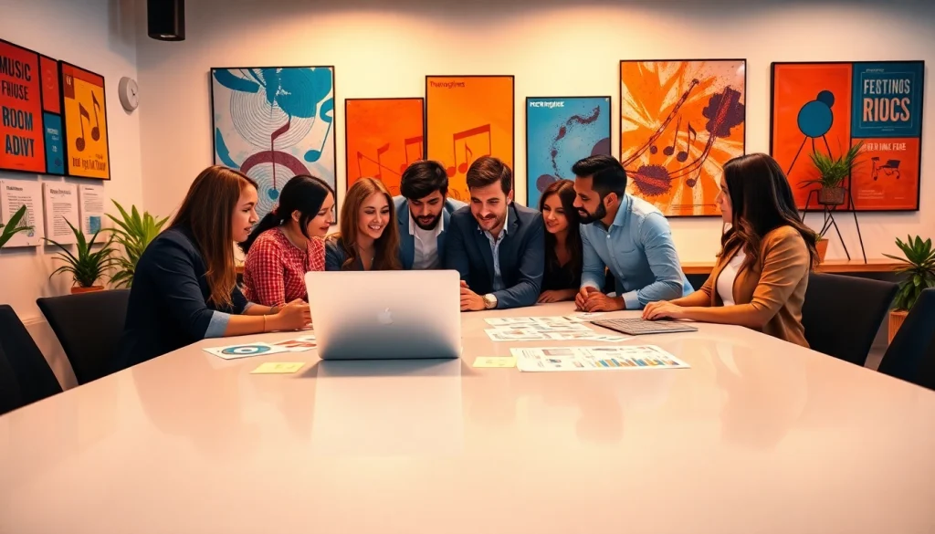 Creative team strategizing for music pr companies in an energetic office environment.