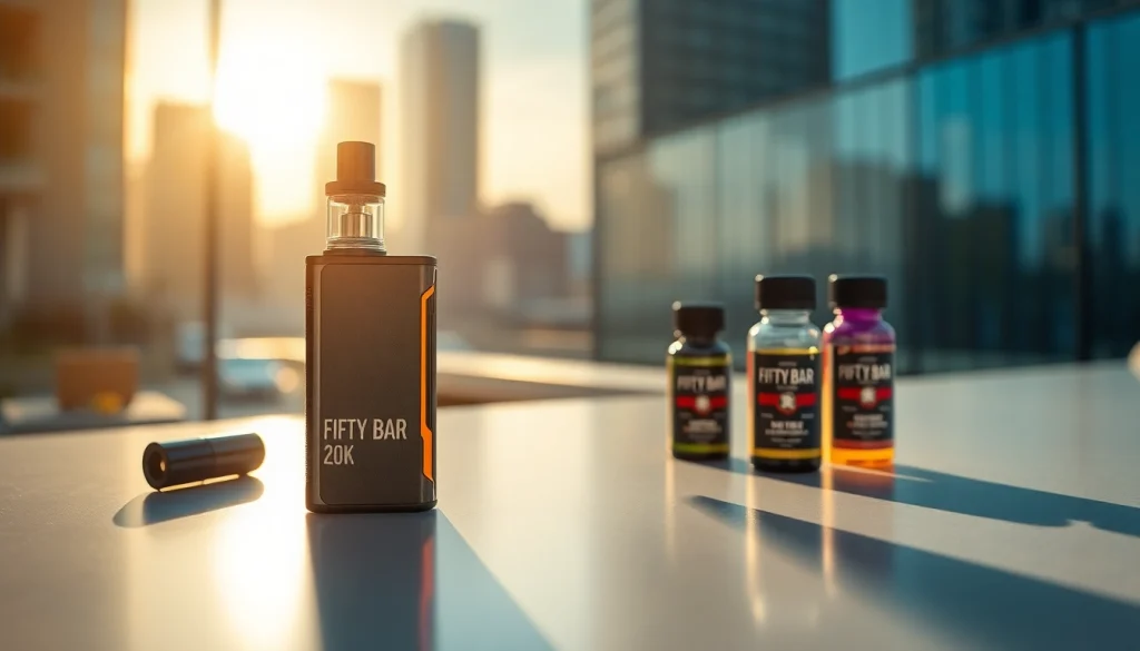 Showcasing the FIFTY BAR 20K vape device with a stylish urban backdrop.
