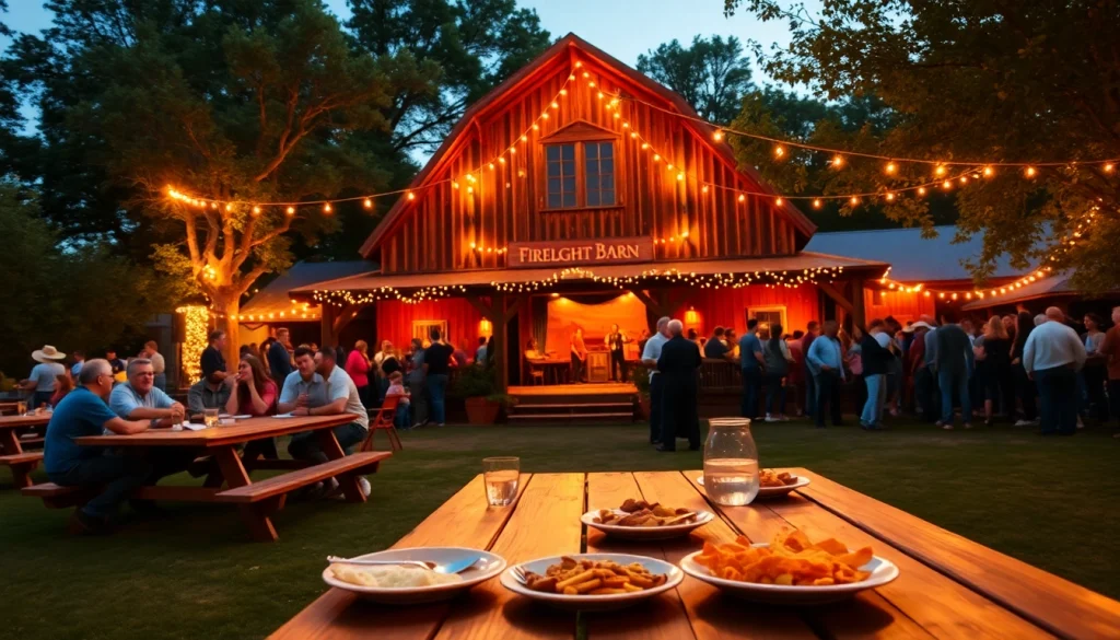 Families enjoying a barbecue dinner and western show at firelight barn with festive atmosphere.