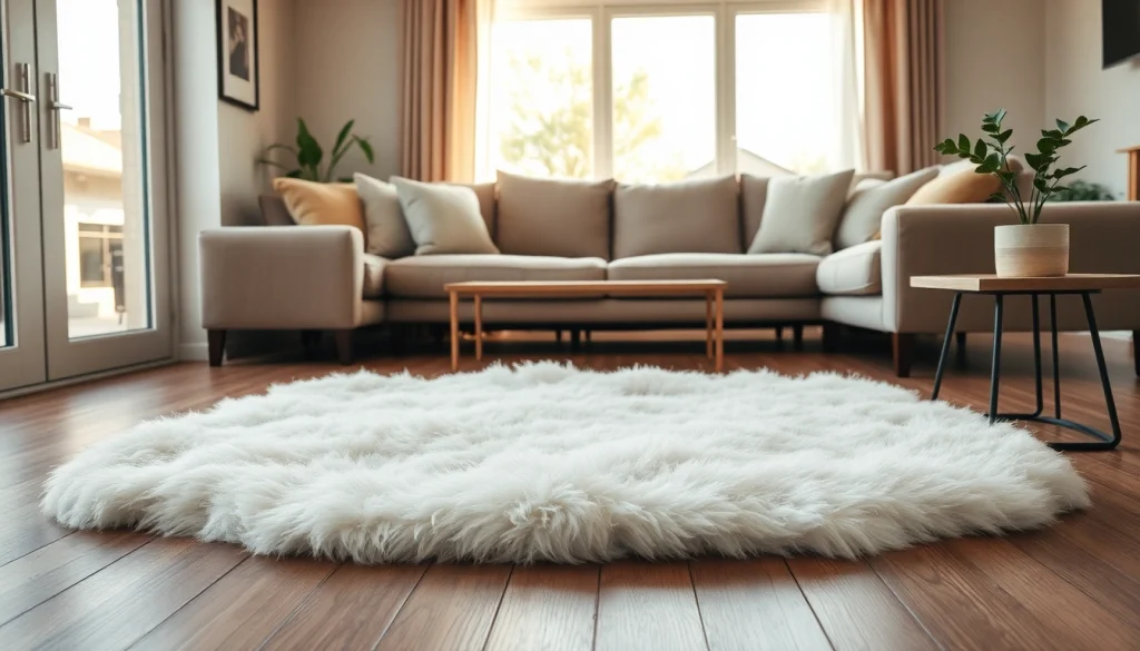Enhance your space with a luxurious double sheepskin rug adorning a cozy living room.