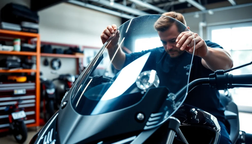 Install a new windshield motorcycle with precision and skill in a bright workshop setting.