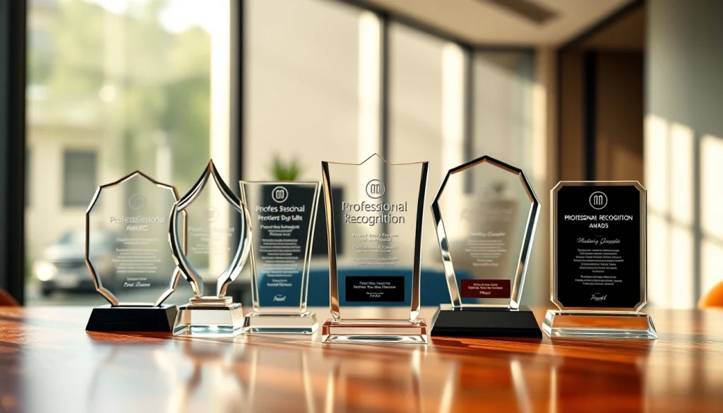 Showcasing various recognition awards that celebrate achievements and excellence in the workplace.