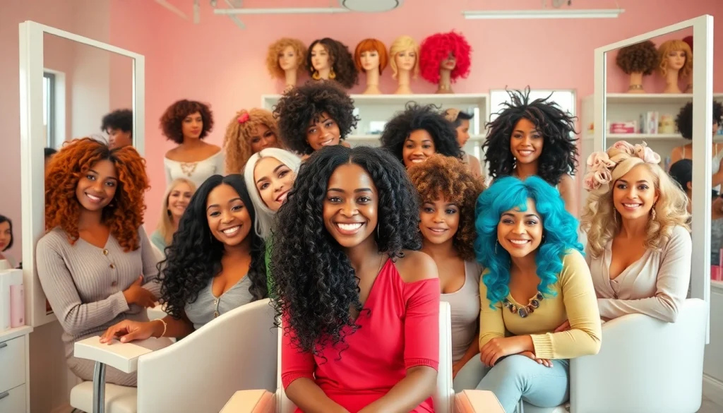 Women experimenting with different wigs while enjoying a vibrant salon experience.