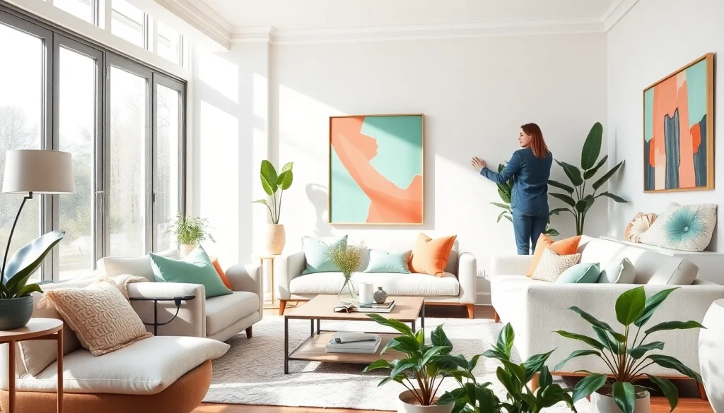 Interior decorator styling a modern living room with colorful accents and natural light.