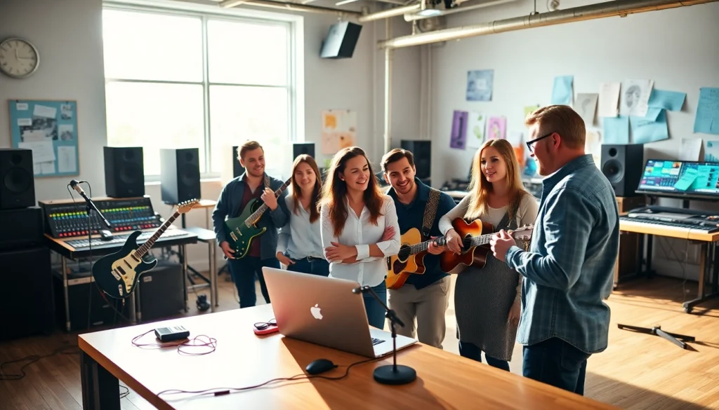 Showcase music pr companies team brainstorming in a vibrant creative studio.