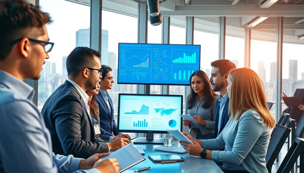 Analyze competitive intelligence data in a professional office environment with diverse teams collaborating.