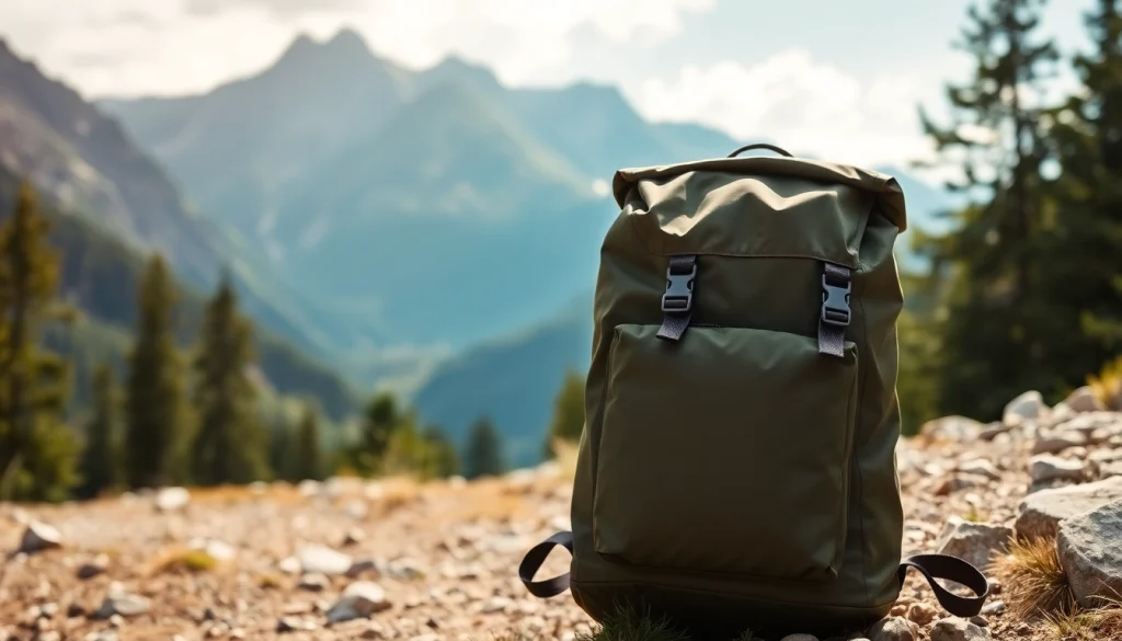 Tragen eines Rolltop Rucksack wasserdicht Herren in der Natur während einer Wanderung.