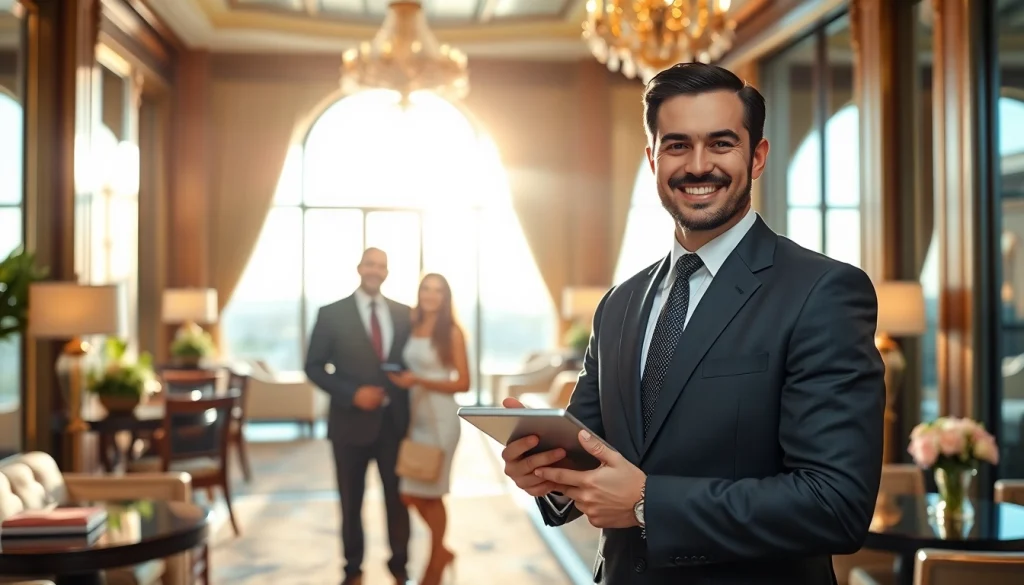 Luxury Travel Concierge Services spotlighting a professional concierge assisting clients in a lavish hotel environment.