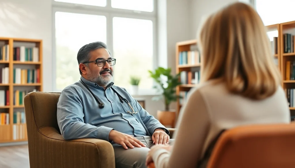 Psychiatrist engaging with a patient in a calming office environment, promoting mental wellness.