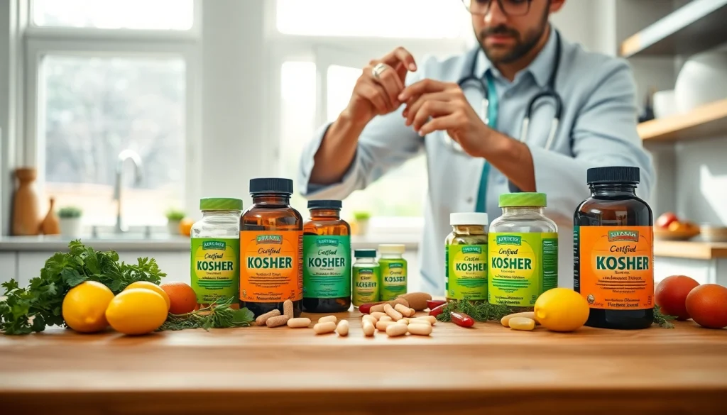 Explore certified kosher vitamins displayed on a wooden table with fresh herbs and fruits.