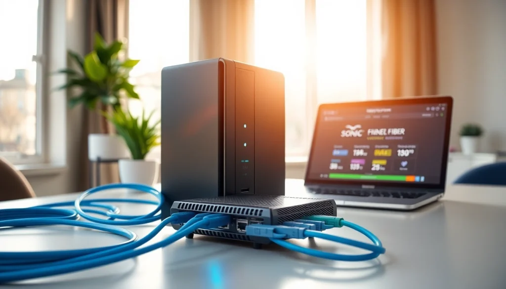 Sonic Fiber Internet installation in a modern home office with vibrant colors and confident ambiance.