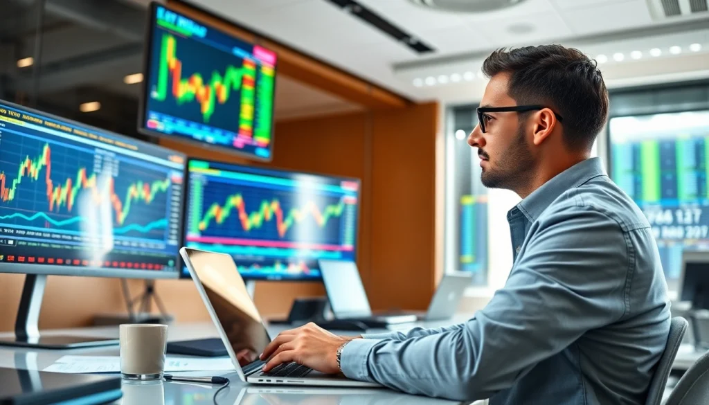 Analyze Forex market trends with focused professional in a modern trading environment.