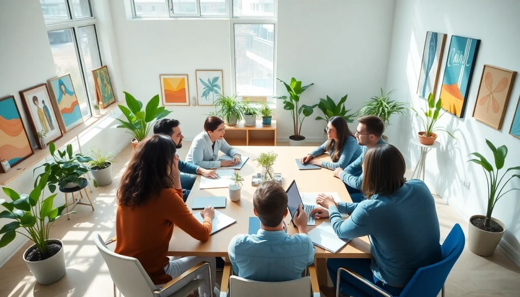 Generate creative KlingAI Prompts with a diverse team collaborating in a sunlit office.