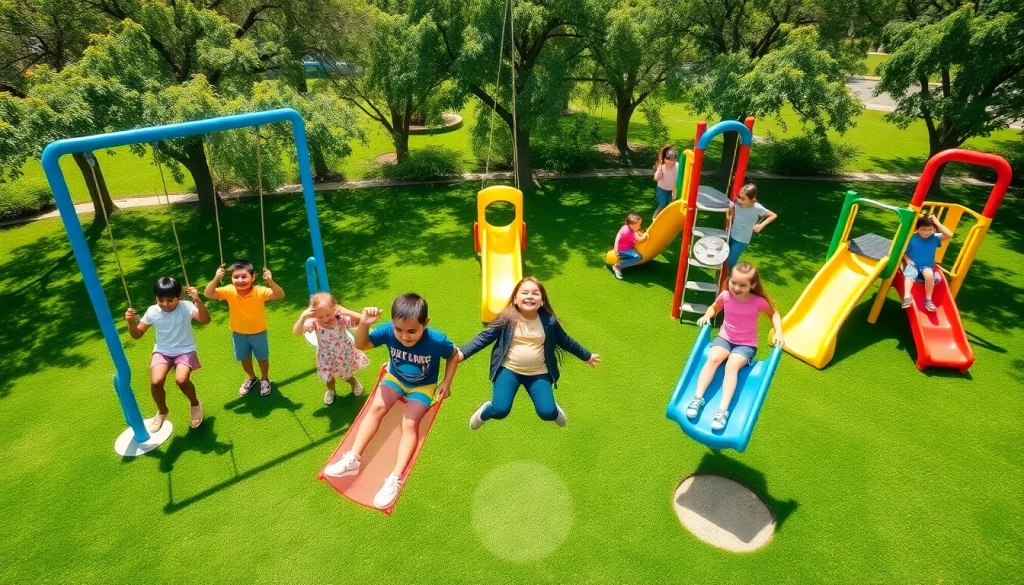 Children enjoying Playground Equipment at a sunny park, showcasing joy and diversity.
