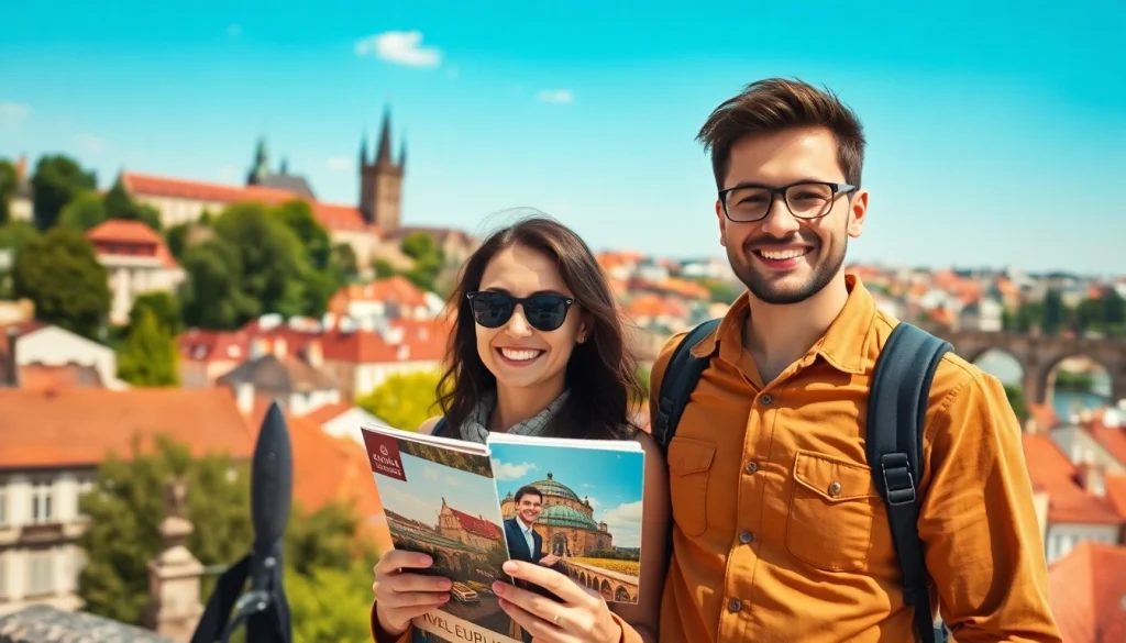 Couple planning their next adventure with europe tour packages in scenic Prague.