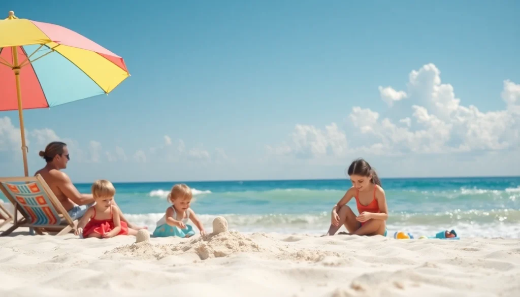 Families enjoying a sunny beach vacation with children playing and parents relaxing under colorful umbrellas.
