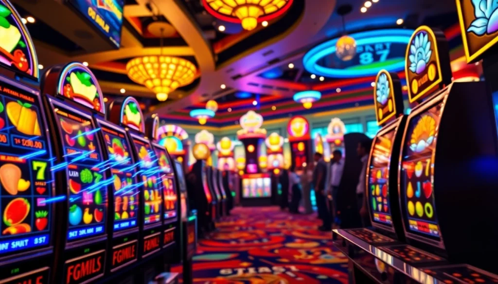 Win on colorful pg slot machines in a vibrant casino atmosphere filled with cheering players.