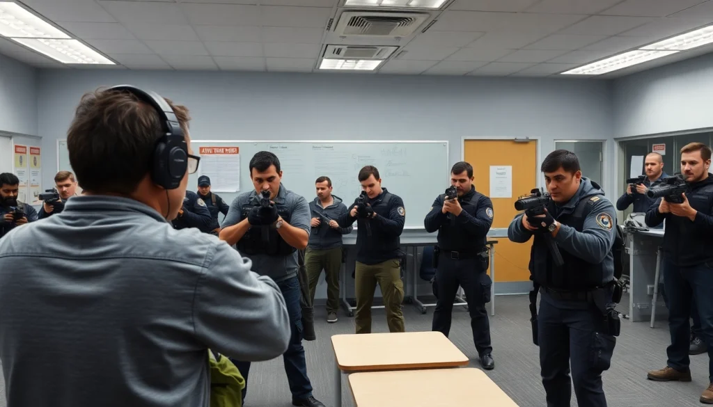 Active Shooter Training session with participants practicing emergency response techniques in a classroom.