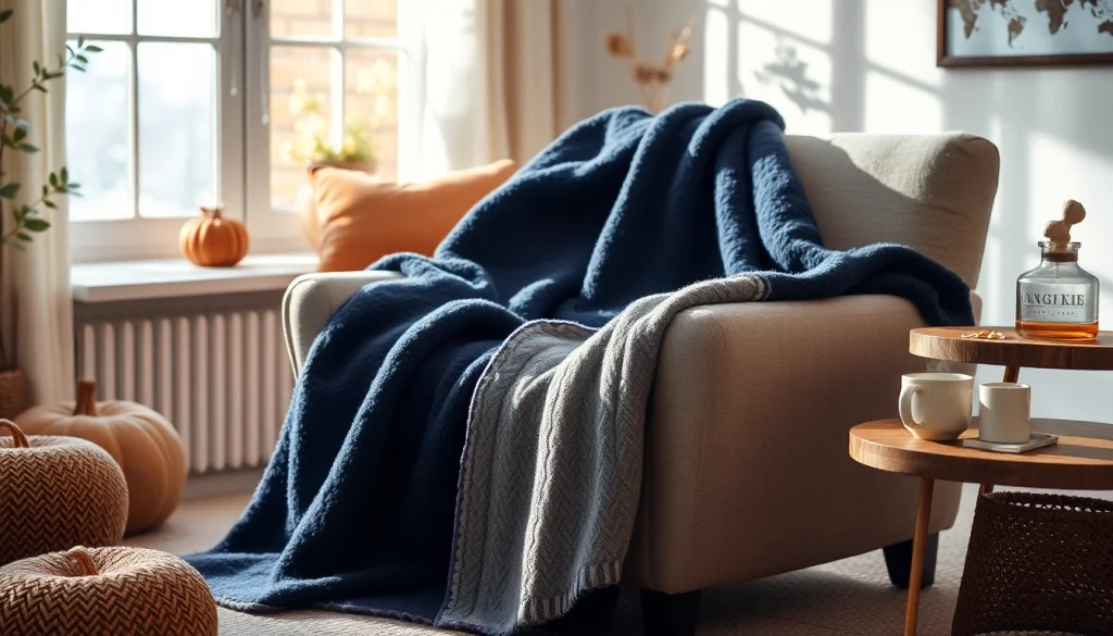 Fleece deken in een sfeervol ingerichte woonkamer met warme herfstdecoraties.