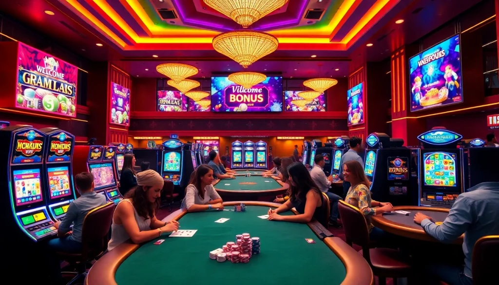 Experience thrills in a casino with welcome bonus environment filled with vibrant games and players.
