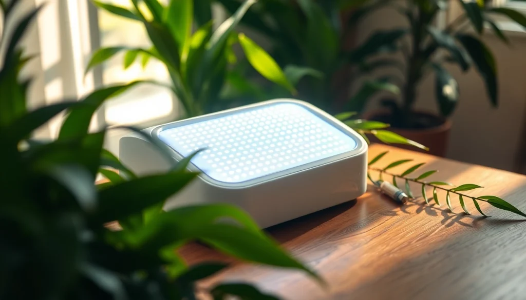 Quasarmd LED light therapy device elegantly positioned with natural greenery.