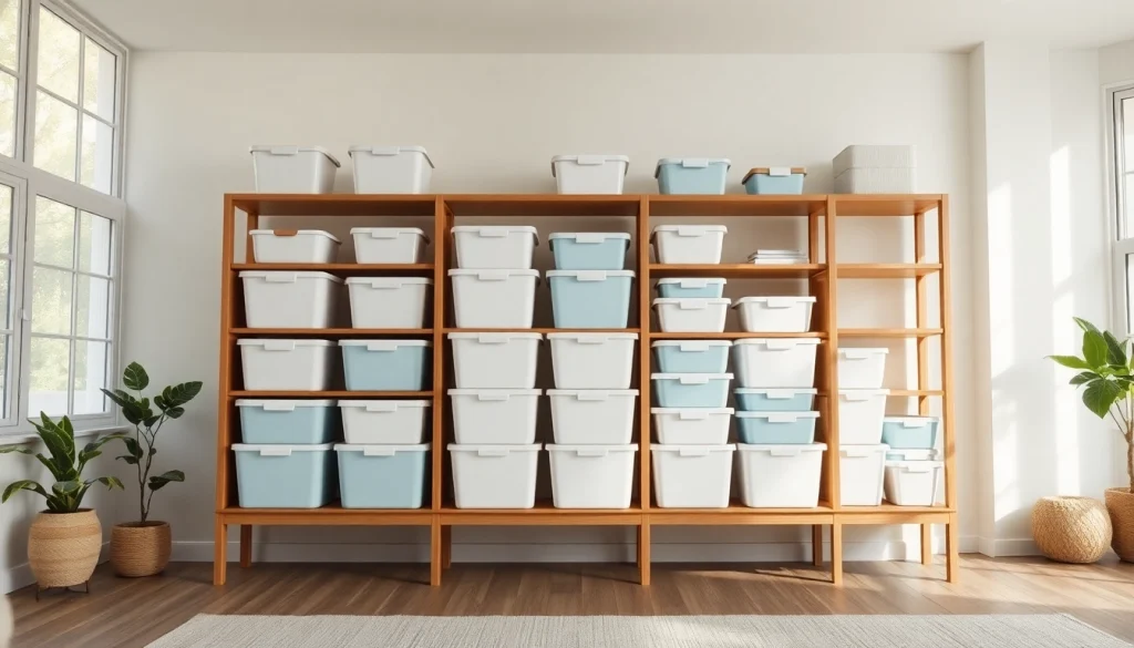 Organized storage container box collection showcasing various sizes and colors in a modern home.