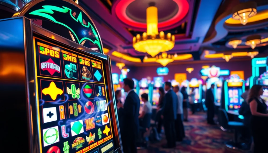 Mesin slot batman138 Slot yang menarik dengan suasana kasino yang ramai dan cerah.