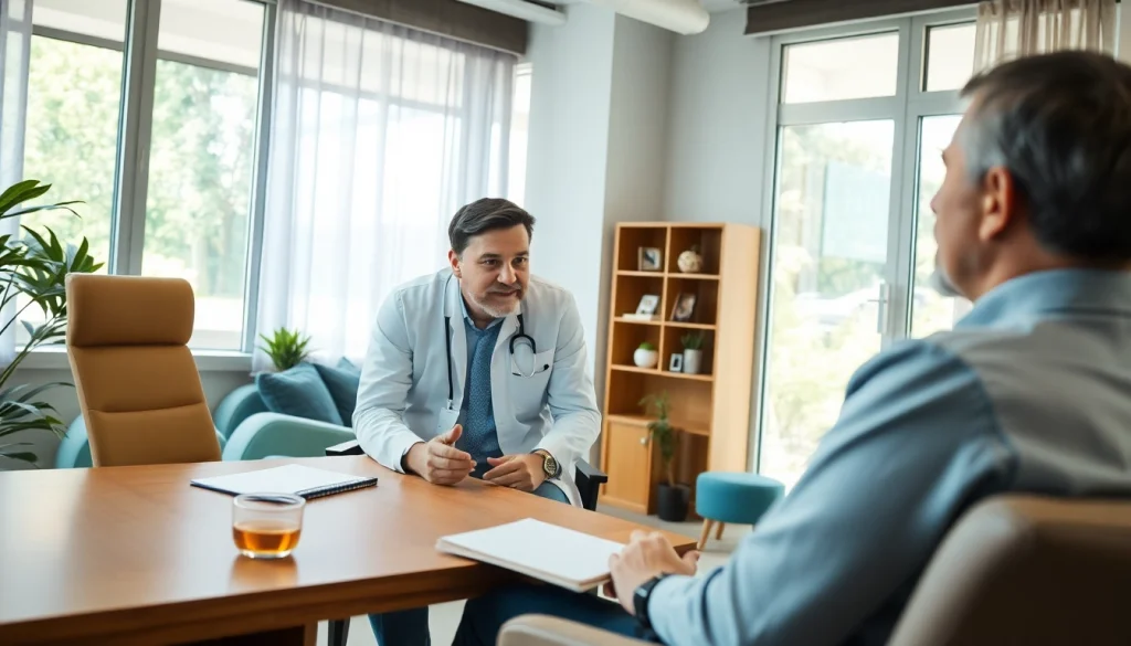 Psychiatrist engaging with a patient in a calming office setting.