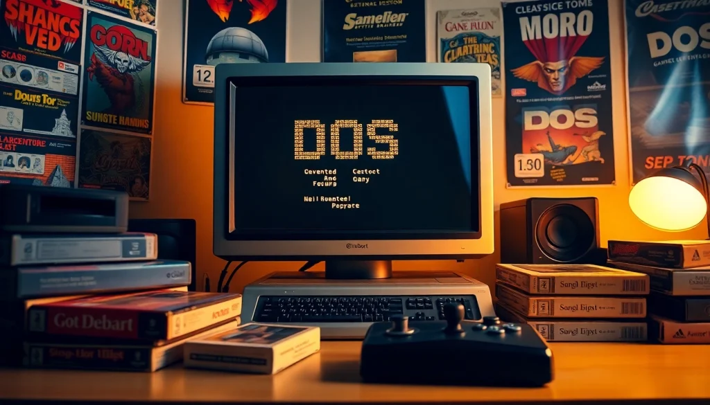 Engage with dos games download through a nostalgic retro gaming setup featuring classic game boxes.