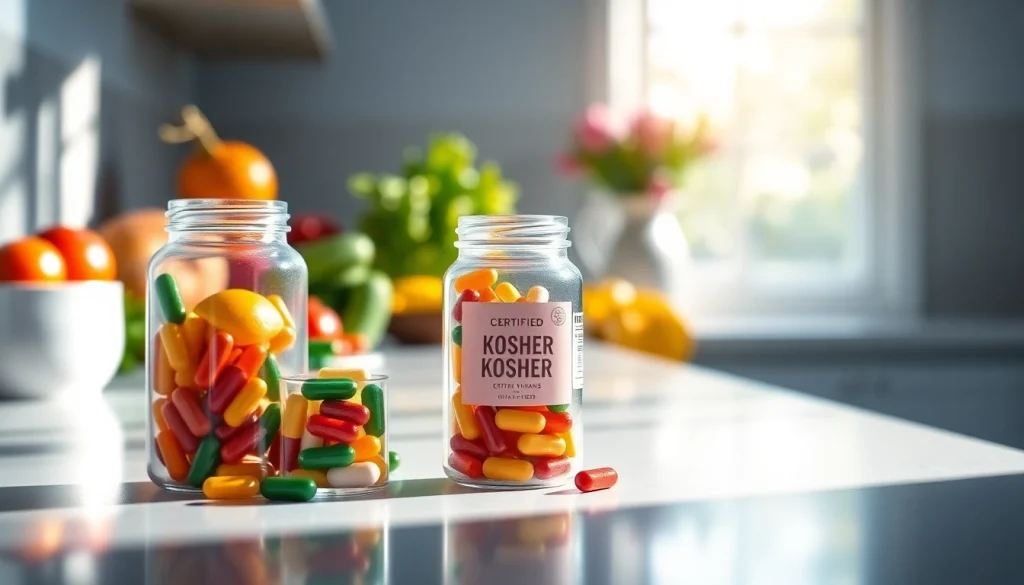 Showcase certified kosher vitamins in a bright setting with fresh produce for a healthy lifestyle.