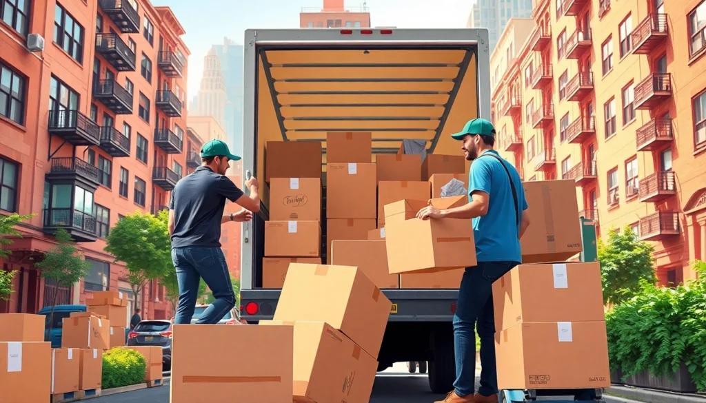 NYC movers expertly handling boxes and equipment in a bustling urban setting.