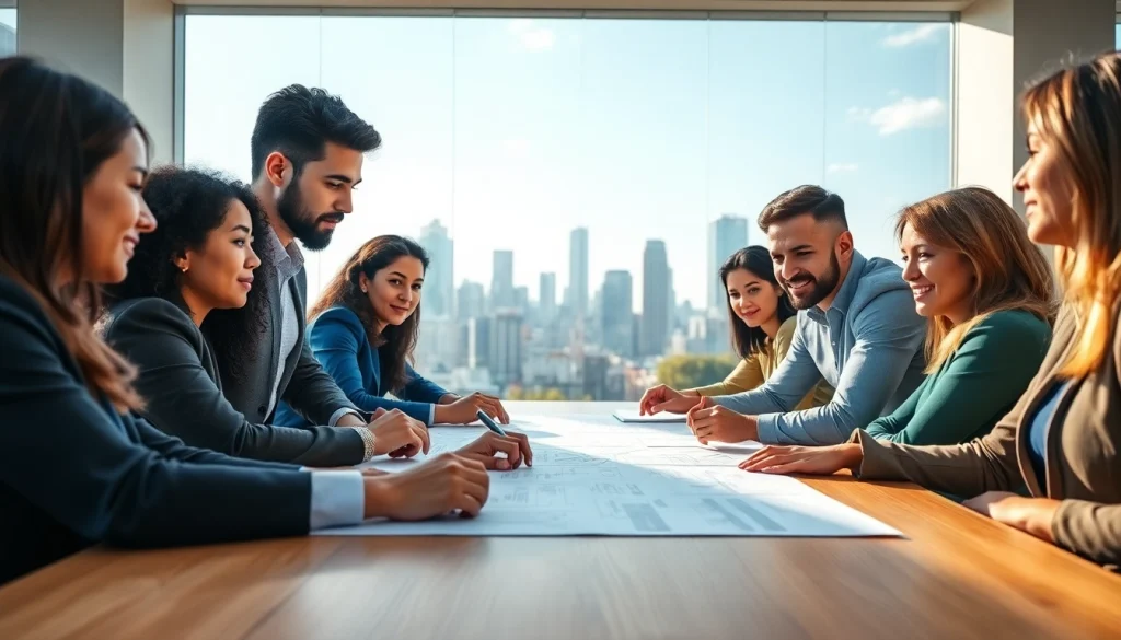 Real estate investment group strategizing in a modern setting showcasing teamwork and professionalism.