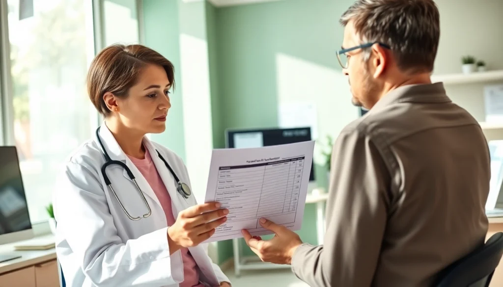 Reviewing intake assessment with a patient in a bright medical setting.