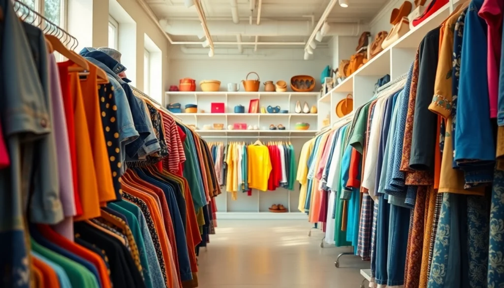 Shop at a vibrant second hand clothing store featuring organized vintage apparel and unique accessories.