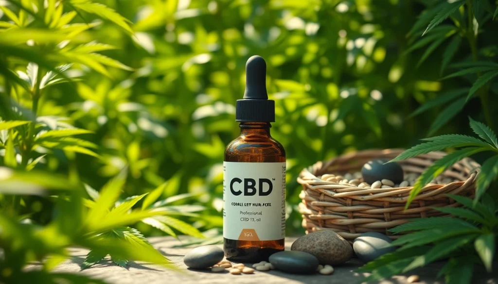 Showcasing a CBD UK oil bottle among hemp plants and relaxing stones.