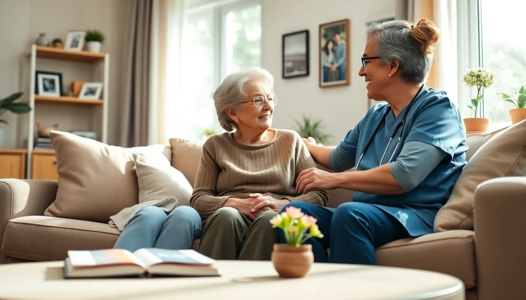 Caregiver provides compassionate in home care austin tx to a senior in a cozy living room setting.