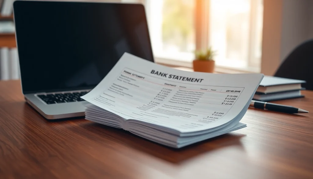 Analyze a Bank Statement displayed on a desk with a laptop and pen, showcasing financial transactions.