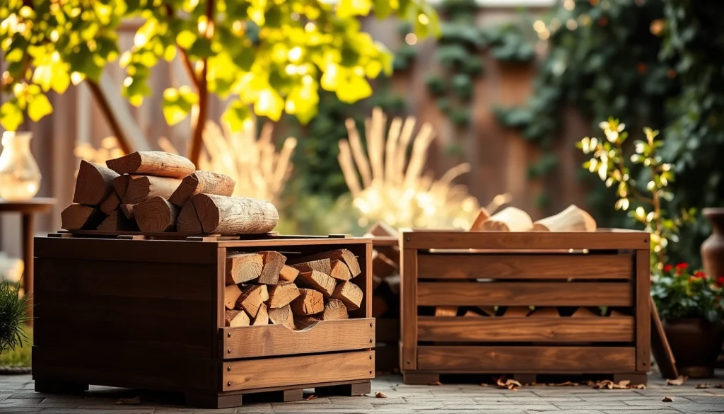 Oak firewood crates EU arranged for easy storage and warmth in a cozy outdoor setting
